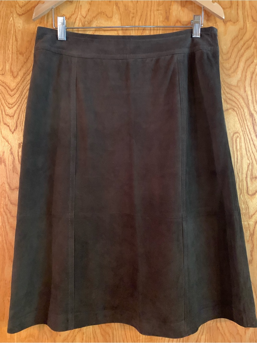 Leather Suede Midi Skirt in Chocolate Brown Side Zip